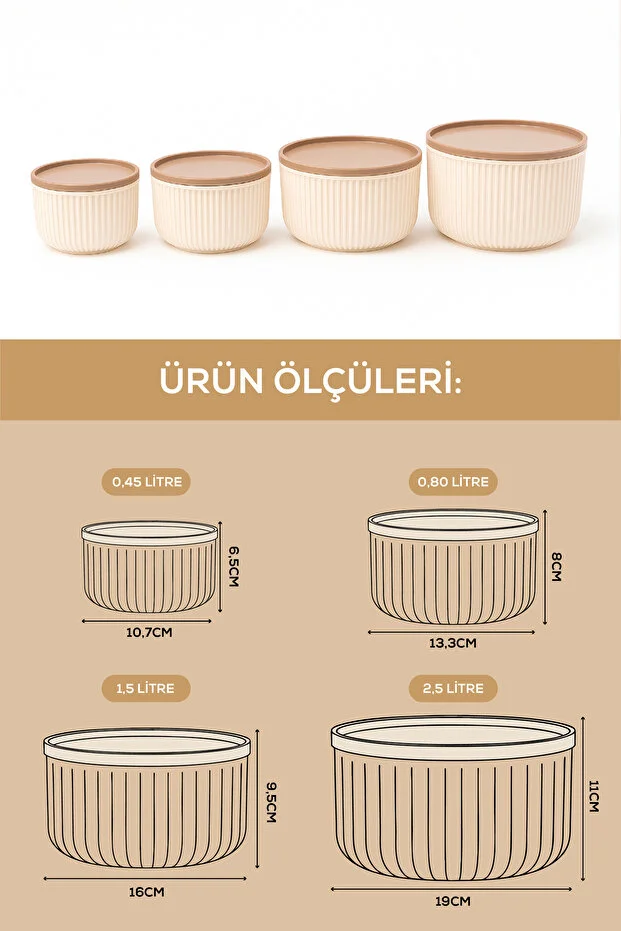 4'lü Yuvarlak Saklama Kabı Seti Çizgili Bej | 2.5l 1.5l 0.80l 0.45l | Mikrodalga Ve Dondurucu Uyumlu